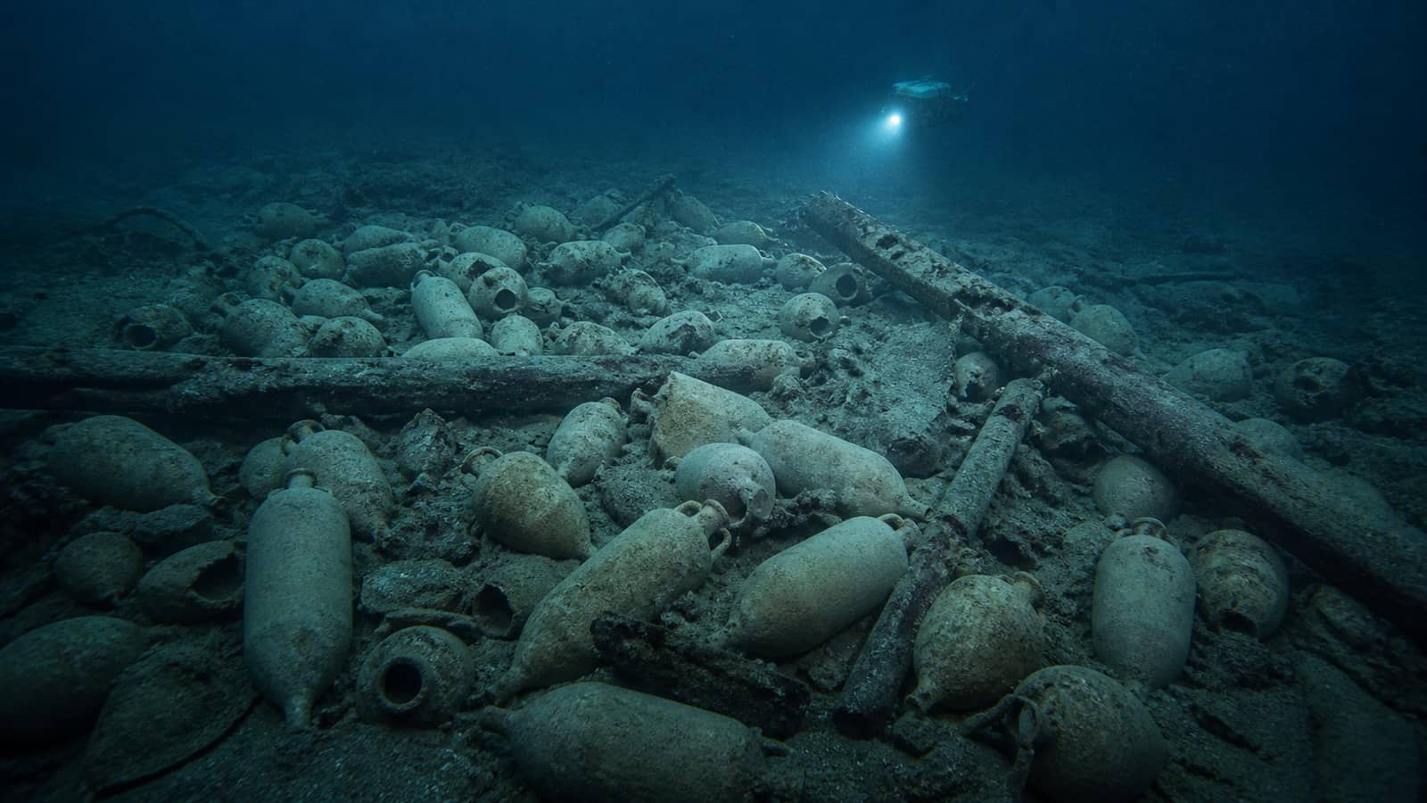Editorial reconstruction of a late Republican Roman wreck site with transport amphorae and lead anchor stocks on the seabed at 46 metres