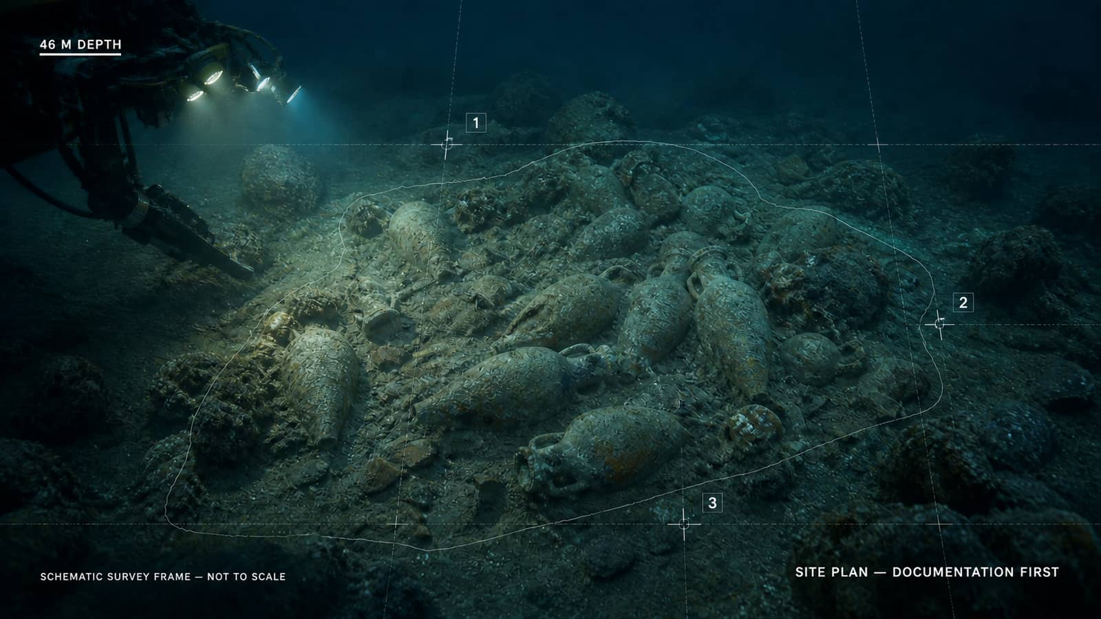 AI-assisted underwater survey illustration showing an ROV, a schematic site outline and three control points around amphorae at the documented 46-metre depth