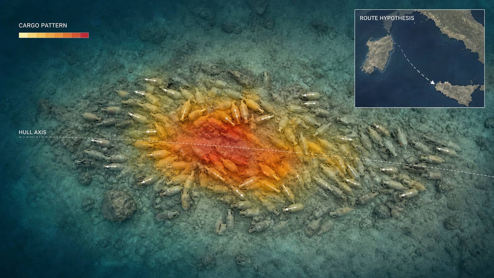 AI-assisted photogrammetry-style wreck plan separating an observed amphora cargo pattern and hull axis from a labelled route hypothesis