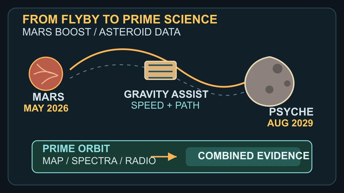 Original explanatory diagram showing Psyche's May 2026 Mars gravity assist, August 2029 asteroid arrival and combined prime-orbit evidence