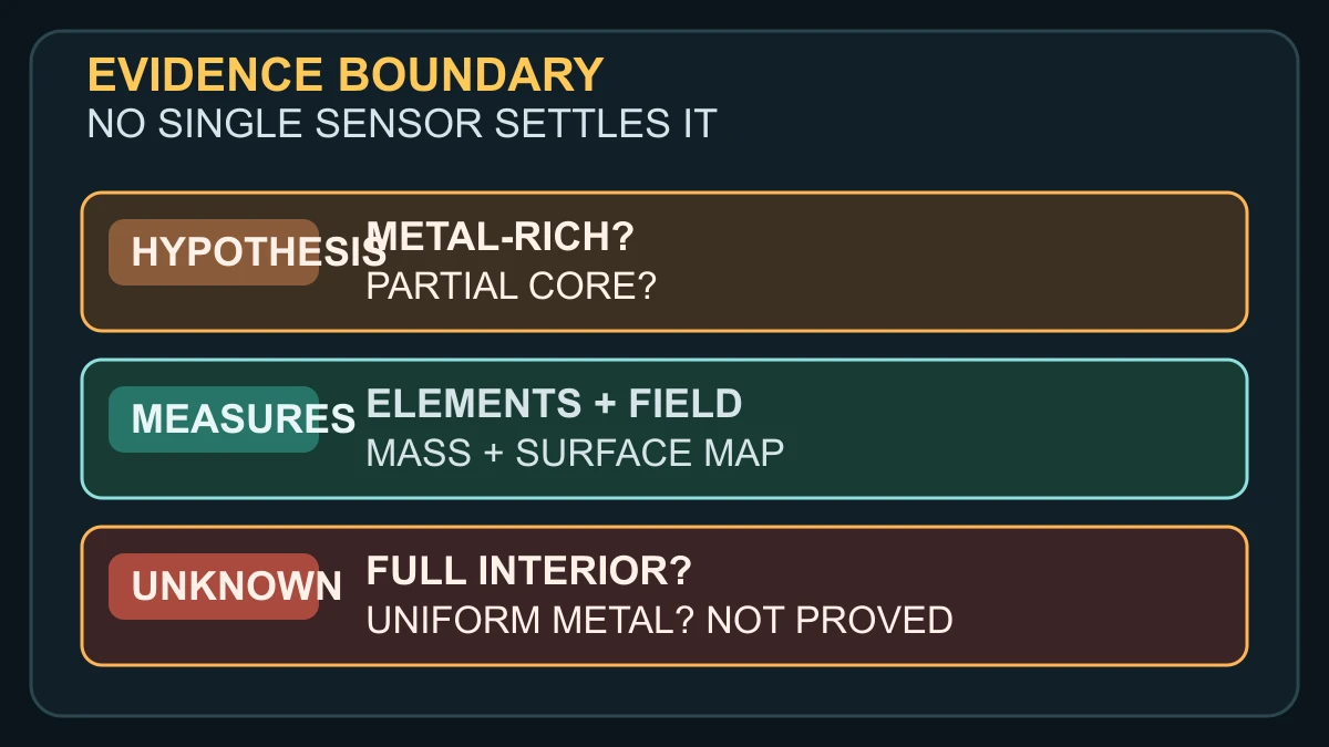Original evidence-boundary diagram separating Psyche's metal-rich and partial-core hypotheses from planned measurements and unknown interior structure