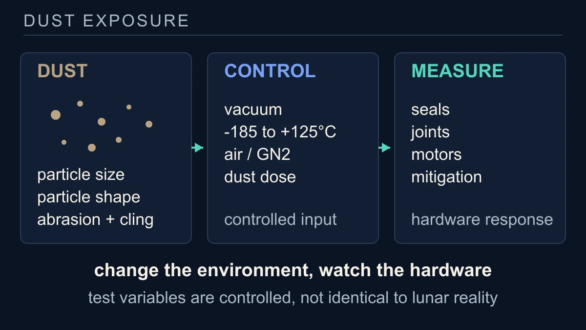 Original diagram separating lunar-dust particle properties, vacuum and temperature controls and measured seals, joints, motors and mitigation response