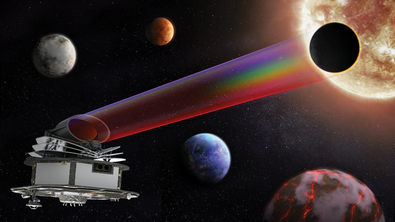 ESA artist’s impression of the planned Ariel spacecraft against an exoplanet system