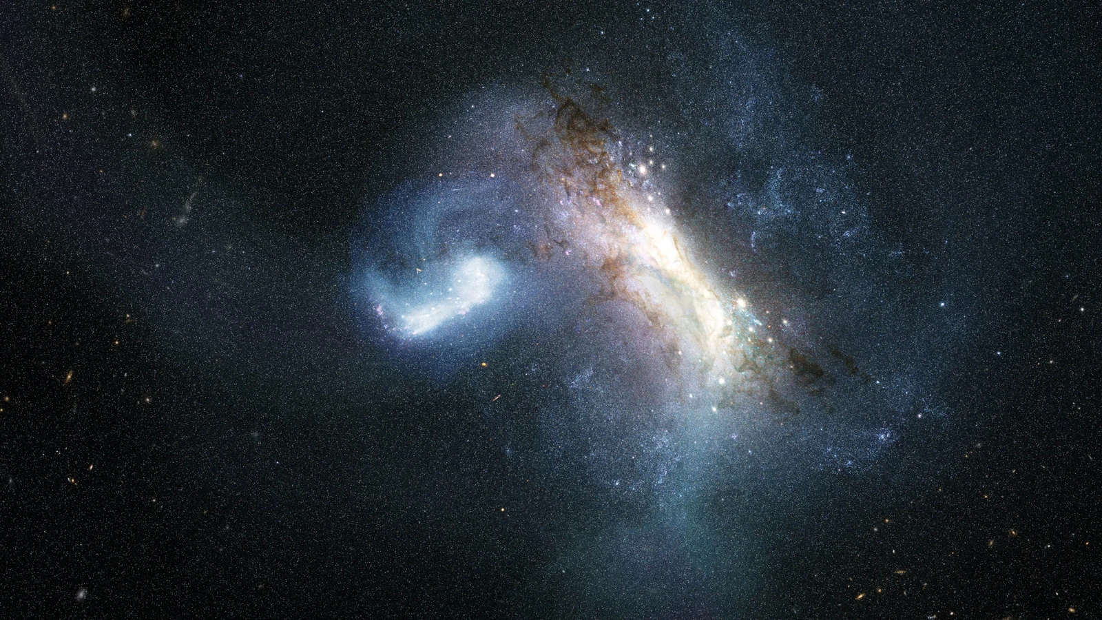 Artist's concept of a young Milky Way merging with the dwarf galaxy LKH, used as contextual illustration rather than a Hubble photograph