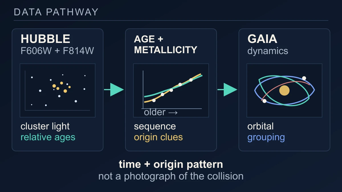 Original diagram showing Hubble cluster photometry and Gaia dynamics becoming age, metallicity and orbital evidence