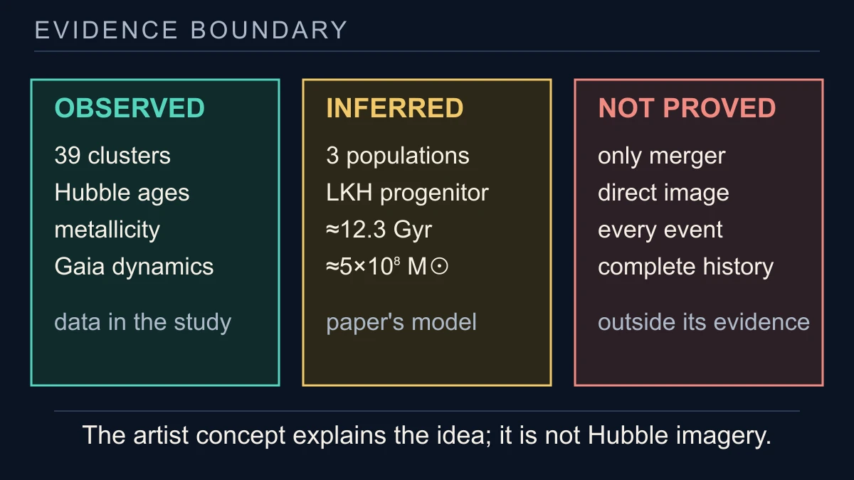 Original evidence-boundary diagram separating observed cluster data, inferred LKH properties and questions the study does not prove