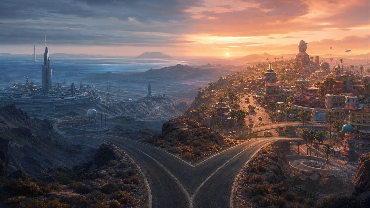 Original editorial illustration of one road splitting toward a cool science-fiction city and a warm satirical city
