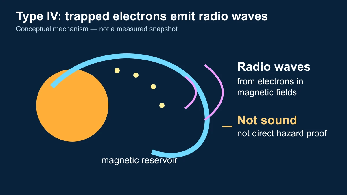 Editorial mechanism diagram showing a conceptual solar magnetic loop holding energetic electrons and producing radio emission, with labels distinguishing it from audible sound and direct hazard
