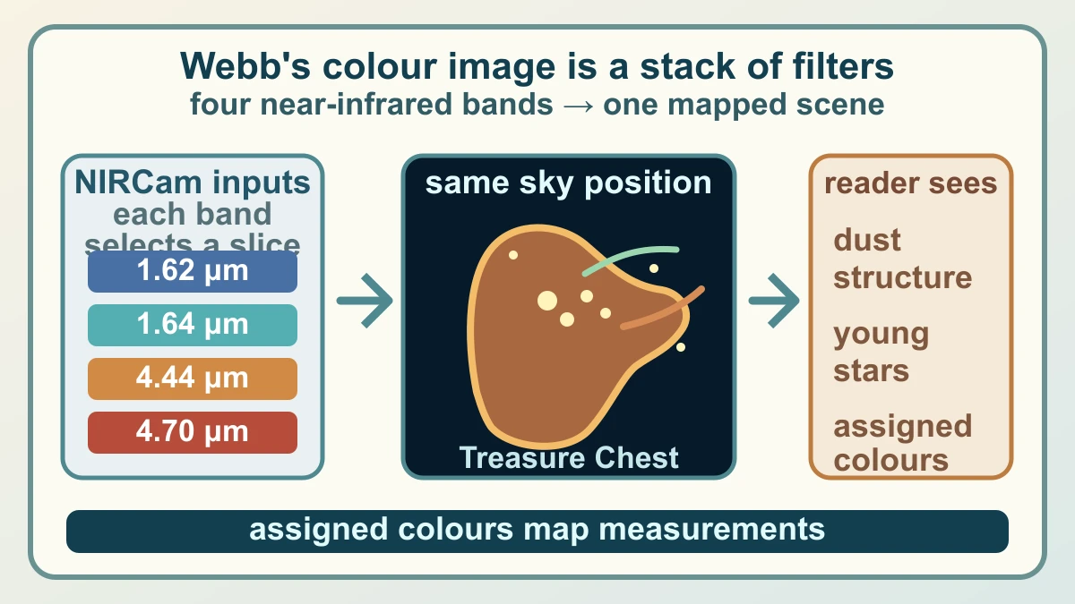 Original diagram showing how four infrared filter measurements become a colour composite of the Carina Treasure Chest