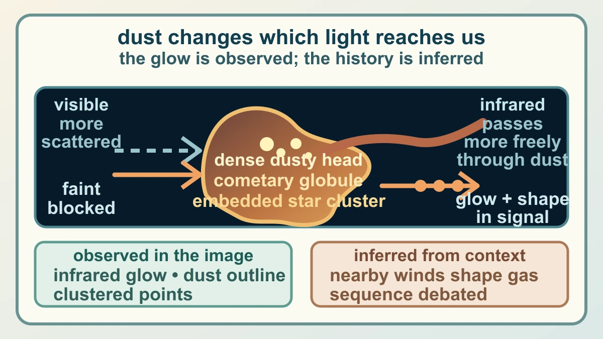 Original diagram comparing visible light and infrared light passing through dusty material around embedded stars