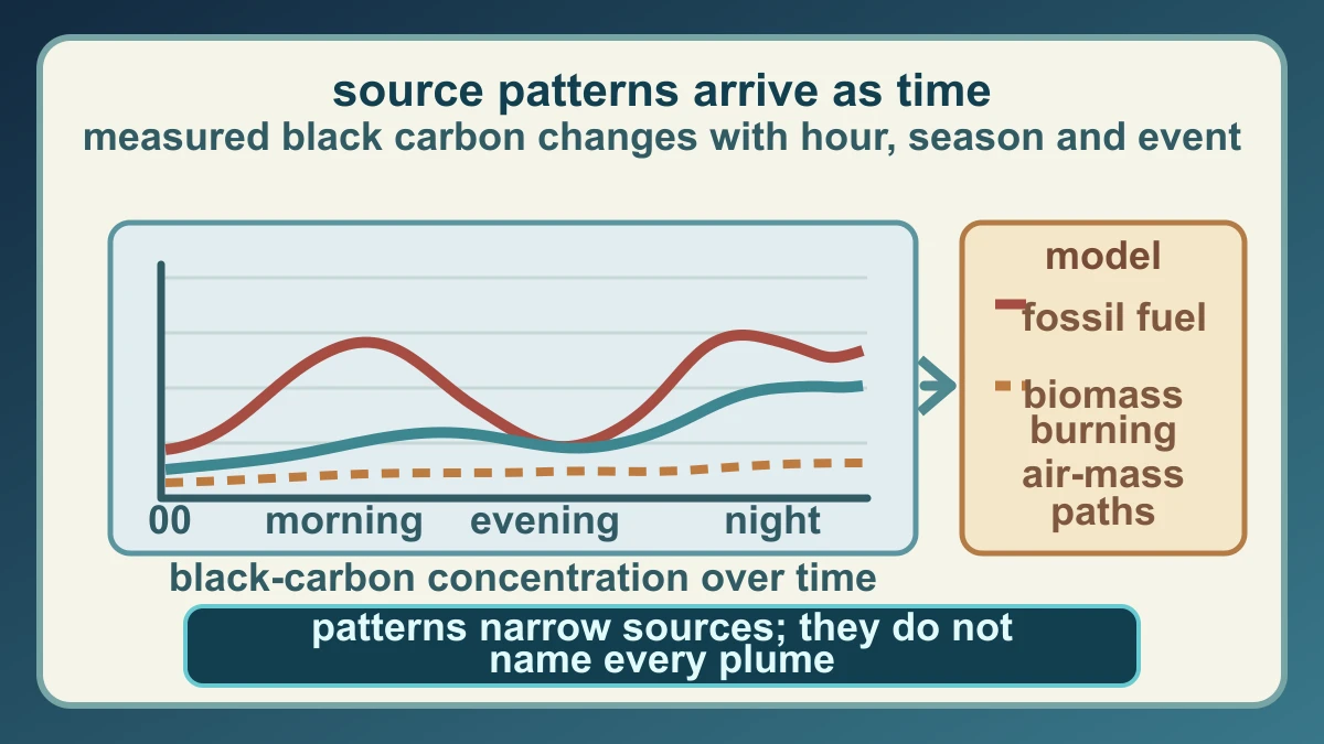 Original diagram showing black-carbon patterns changing by hour and event, with model estimates for fossil-fuel and biomass-burning contributions and air-mass path context