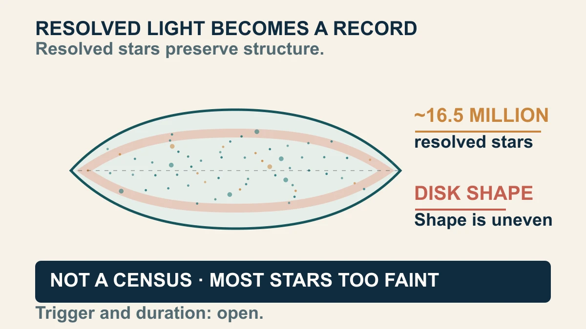 Original diagram showing resolved stars across M82's uneven disk, an approximately 16.5-million estimate and the boundary between a measured sample and a complete census