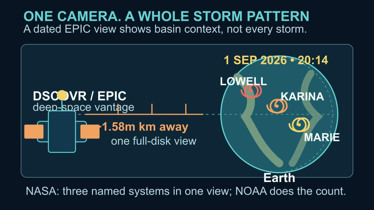 Original diagram showing DSCOVR and its EPIC instrument viewing Earth from deep space, with three named Pacific cyclones marked in one dated full-disk view