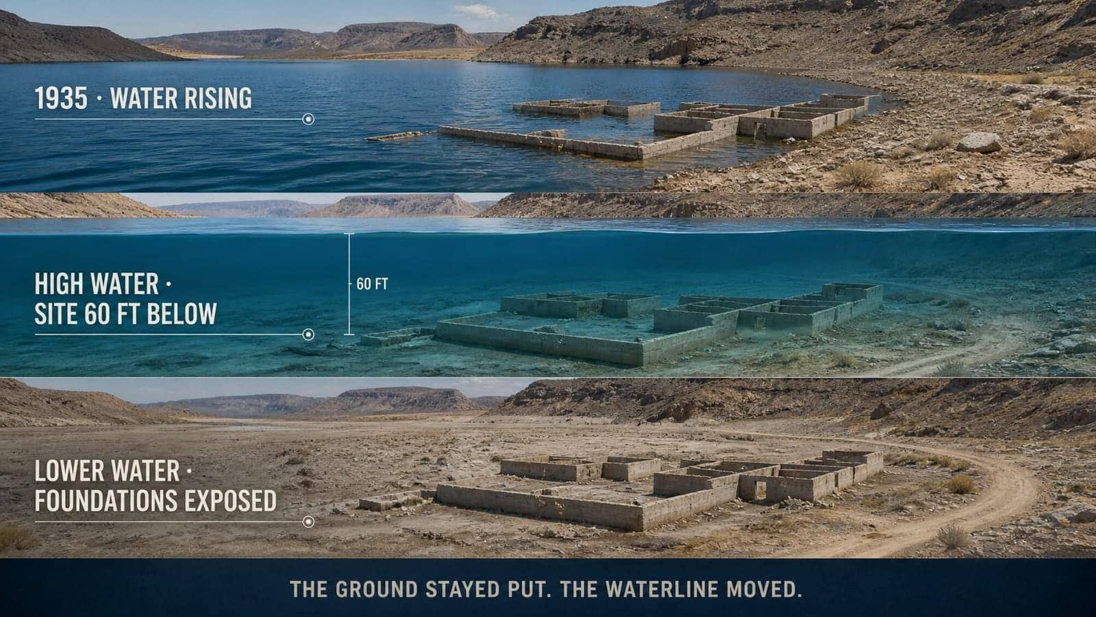 Three-panel AI-assisted scientific illustration showing St Thomas as Lake Mead rises, covers the site by 60 feet and later exposes the foundations