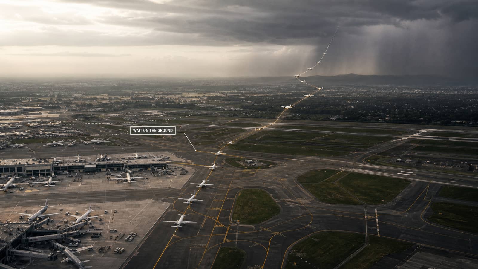 AI-assisted aviation illustration contrasting aircraft held at gates with a constrained arrival stream near severe weather
