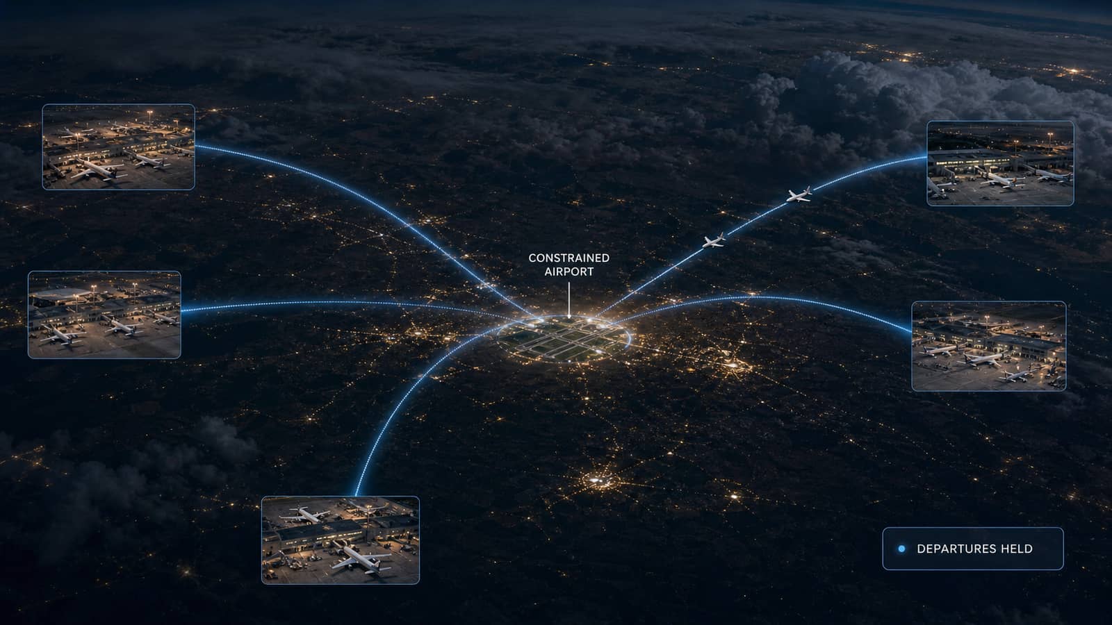 AI-assisted night network explainer linking five departure airports to one constrained destination airport
