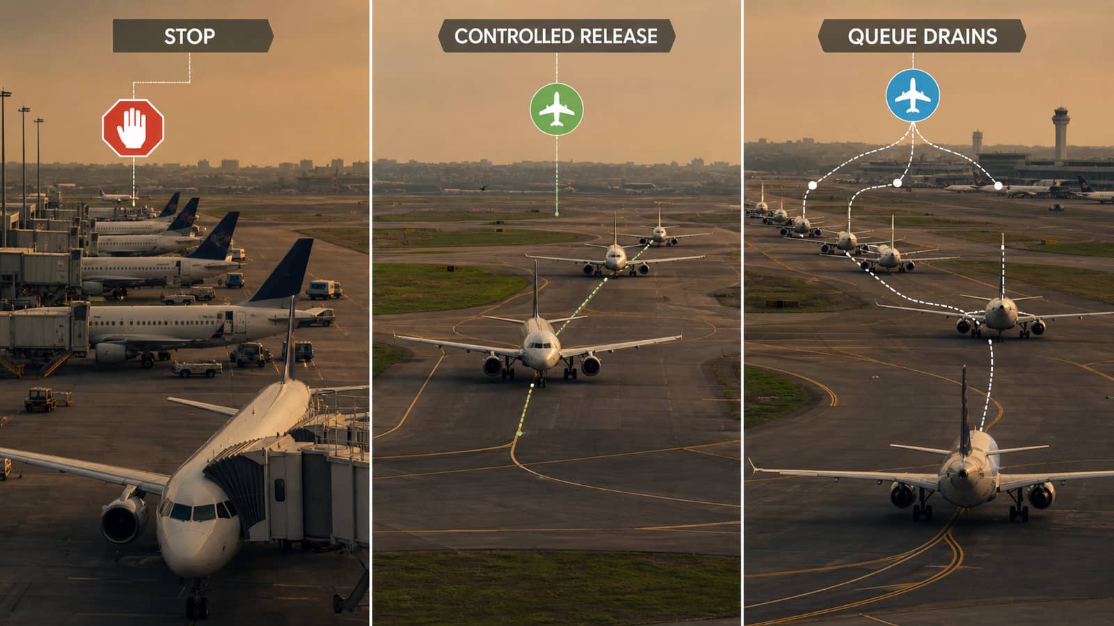 Three-stage AI-assisted aviation explainer showing a stop, controlled release and the remaining queue draining