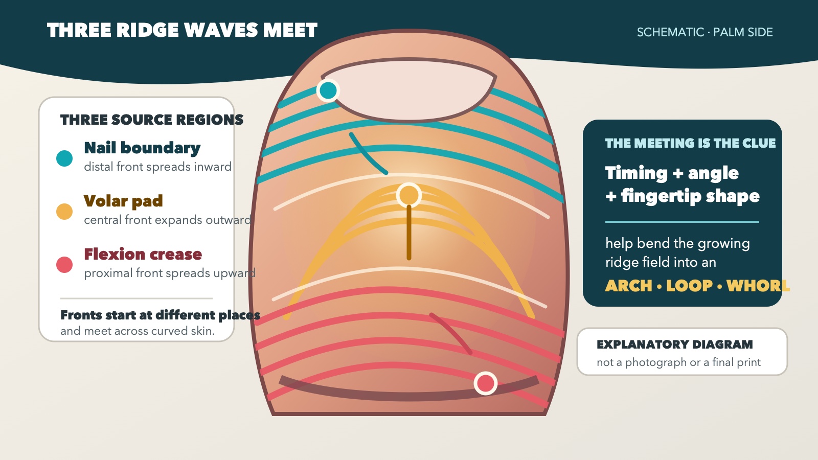 Original diagram of three coloured ridge waves spreading from the fingertip pad, nail edge and flexion crease and meeting as one fingerprint pattern