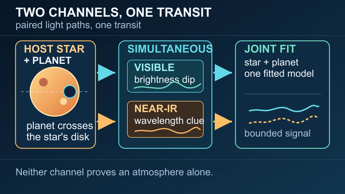 Original explanatory diagram showing a planet crossing its host star while Pandora records visible brightness and a near-infrared wavelength signal for a joint fit