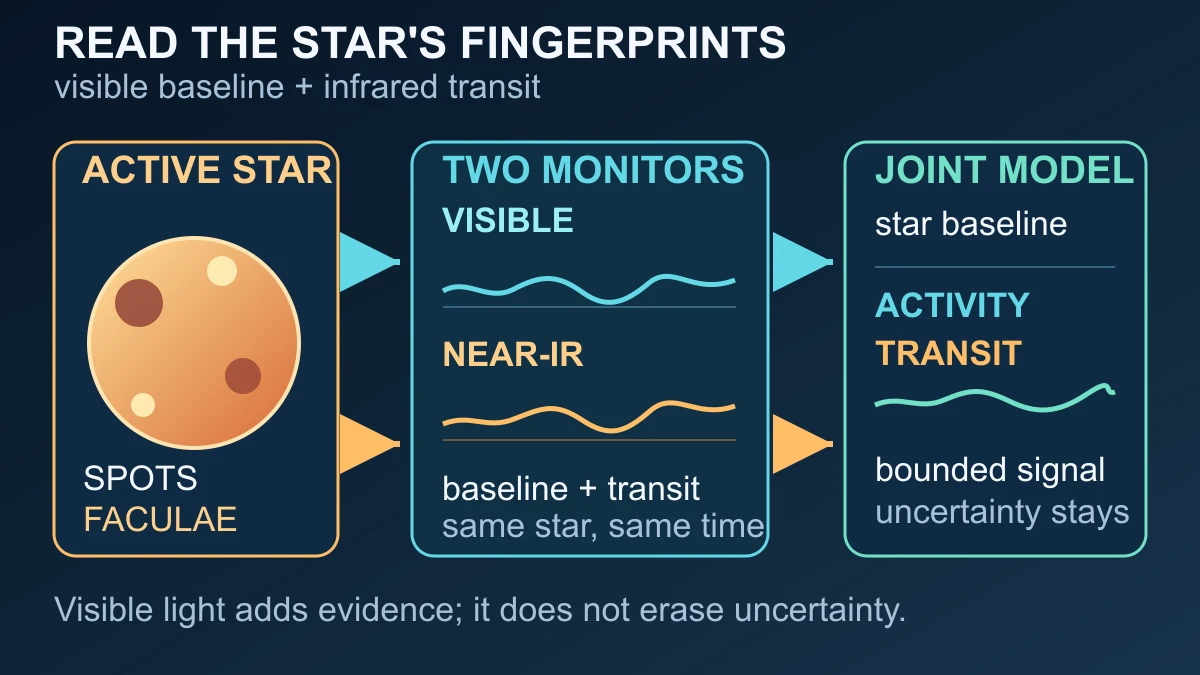Original explanatory diagram showing star spots and faculae, visible monitoring and a near-infrared transit combined into a bounded signal