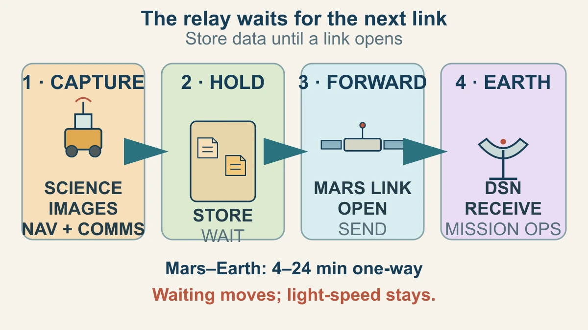 Original scientific diagram showing Mars mission data captured, stored at an orbiting relay and forwarded when an Earth link is available