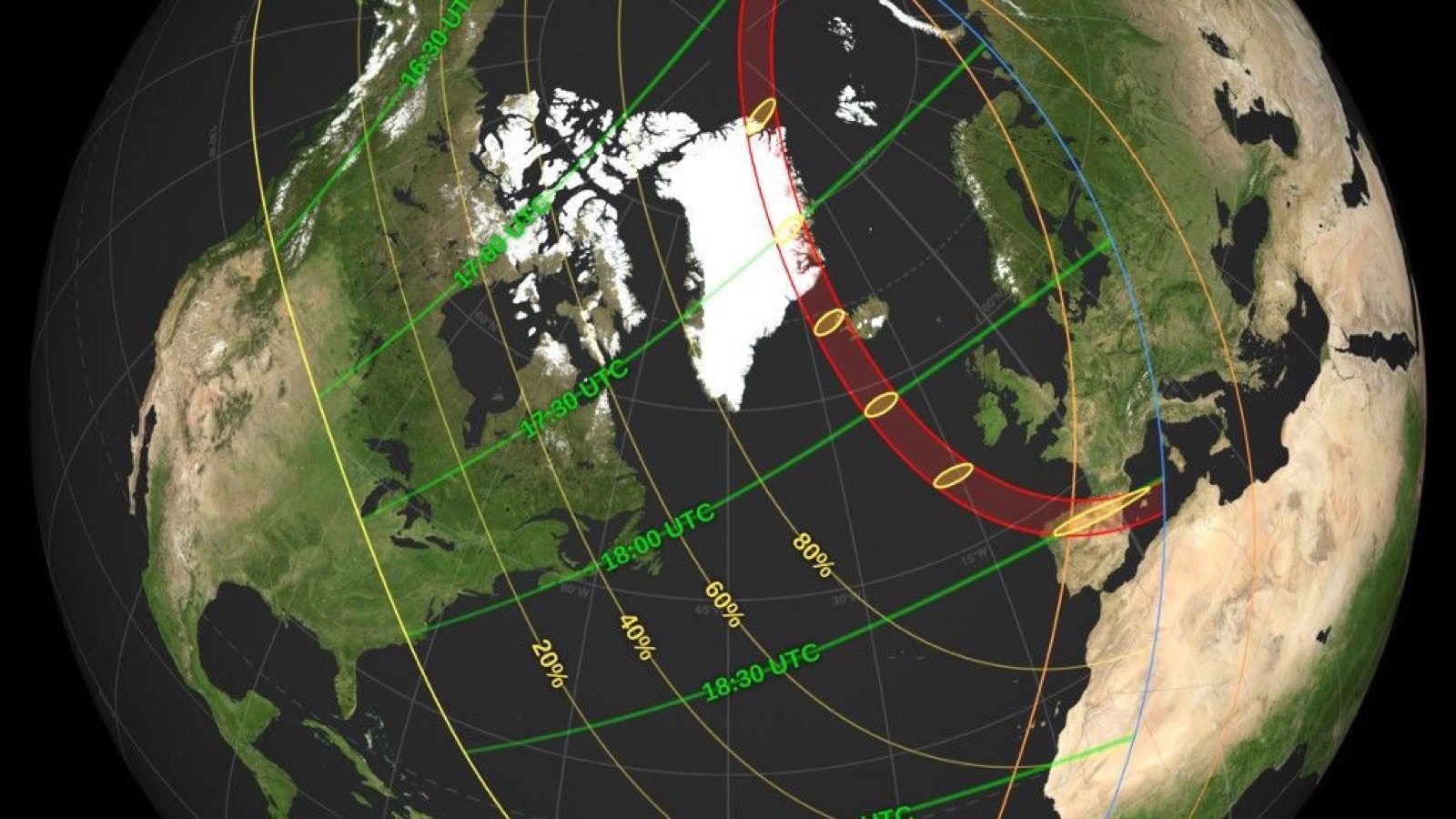 NASA map of the 12 August 2026 eclipse, with the narrow red totality path running from Greenland and Iceland toward Spain and broader partial-eclipse contours around it