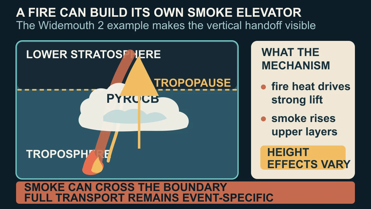 Original diagram showing a wildfire-driven pyrocumulonimbus updraft crossing the tropopause and carrying smoke toward the lower stratosphere