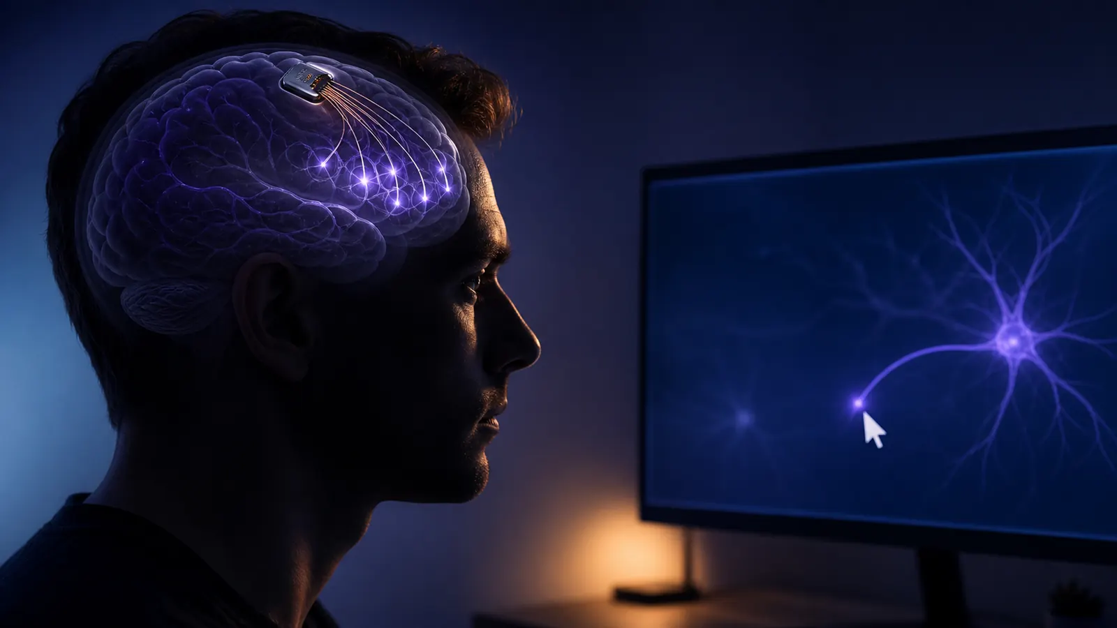 Original editorial illustration of a neural implant translating intended movement into cursor control