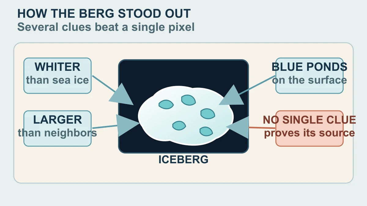 Original diagram of a white iceberg with blue meltwater ponds and the comparison clues that separate it from surrounding sea ice