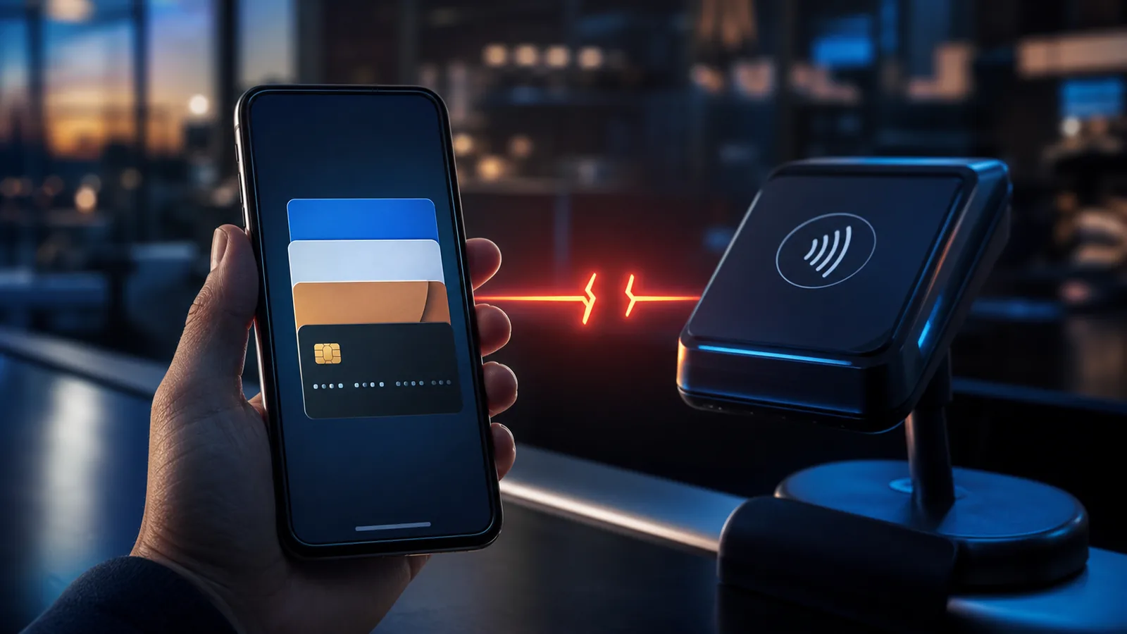 Original editorial illustration of a generic phone wallet failing to connect with a contactless payment terminal