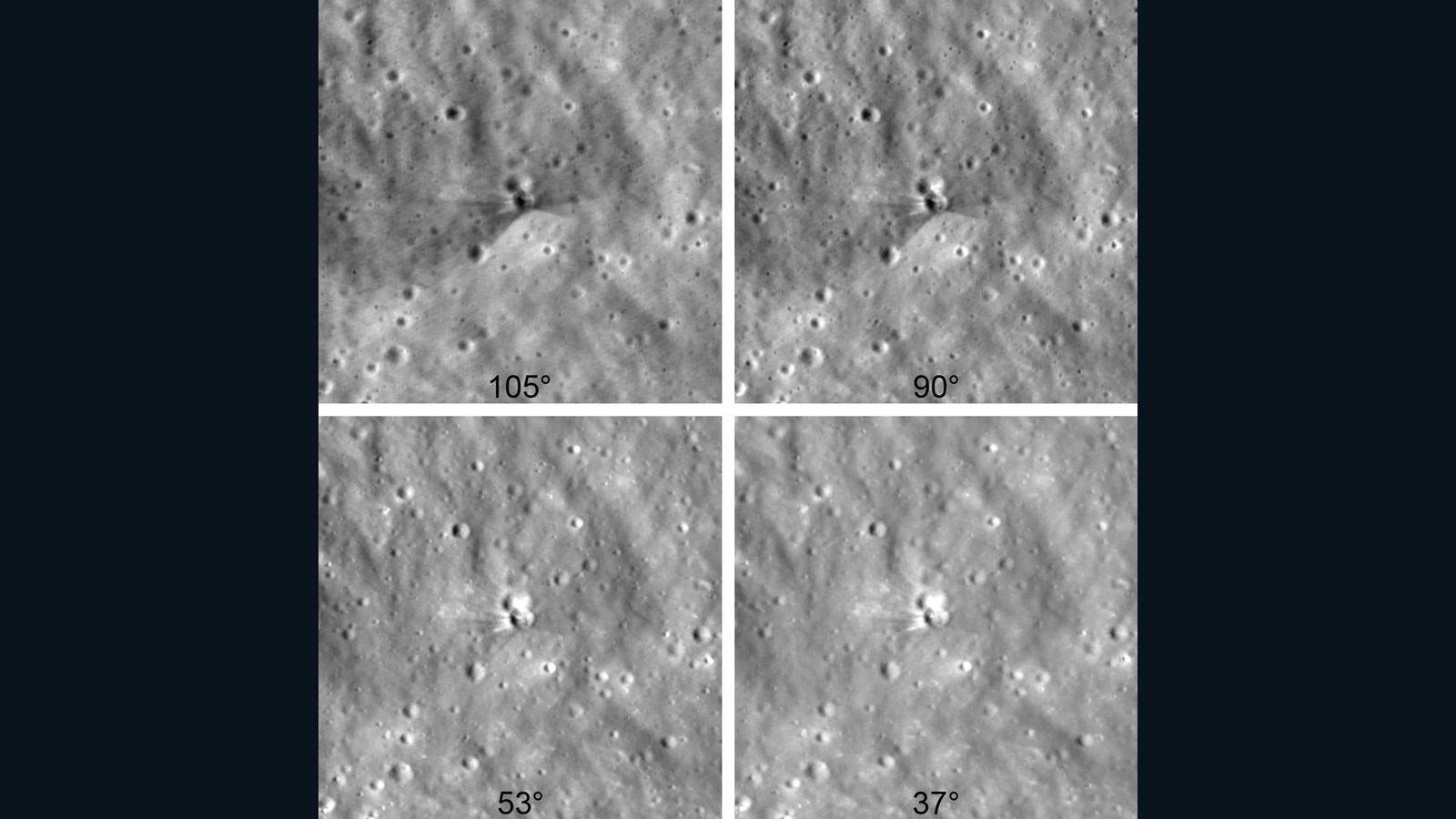 Four NASA LRO views of the new crater formed by a Falcon 9 upper stage impact on the Moon