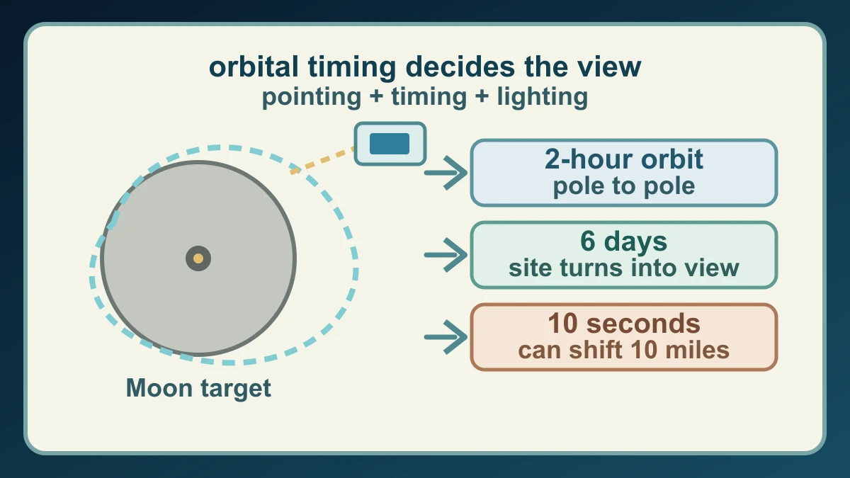 Original diagram showing LRO's repeat orbit, the six-day wait for the site to turn into view and the effect of a ten-second timing error