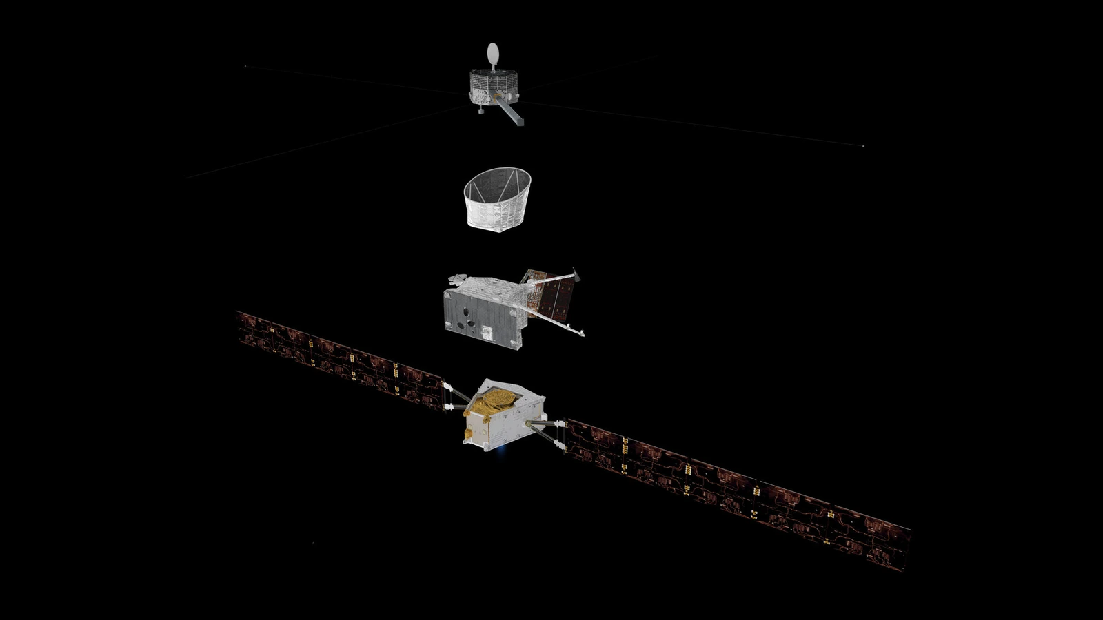 ESA exploded-view image showing BepiColombo's Mercury Transfer Module, sunshield, Mercury Planetary Orbiter and Mio spacecraft separated against a black field