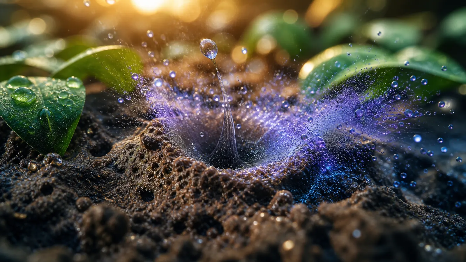 Original editorial illustration of a raindrop trapping bubbles in porous soil and launching microscopic aerosols