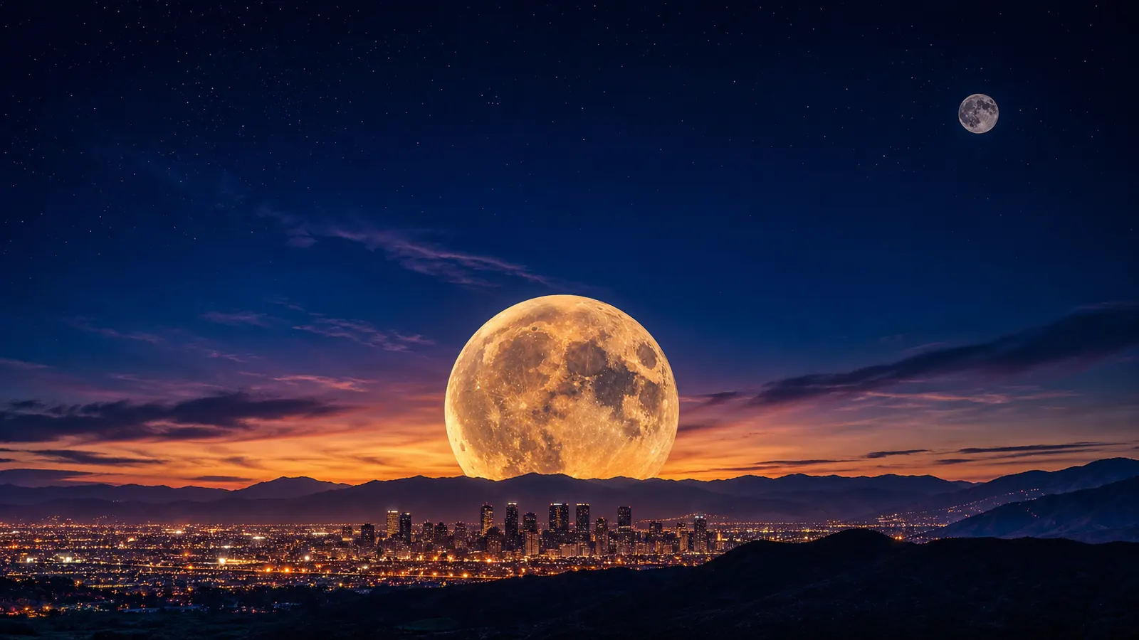 Original editorial illustration of an apparently giant Moon beside a city horizon with a measured comparison high in the sky