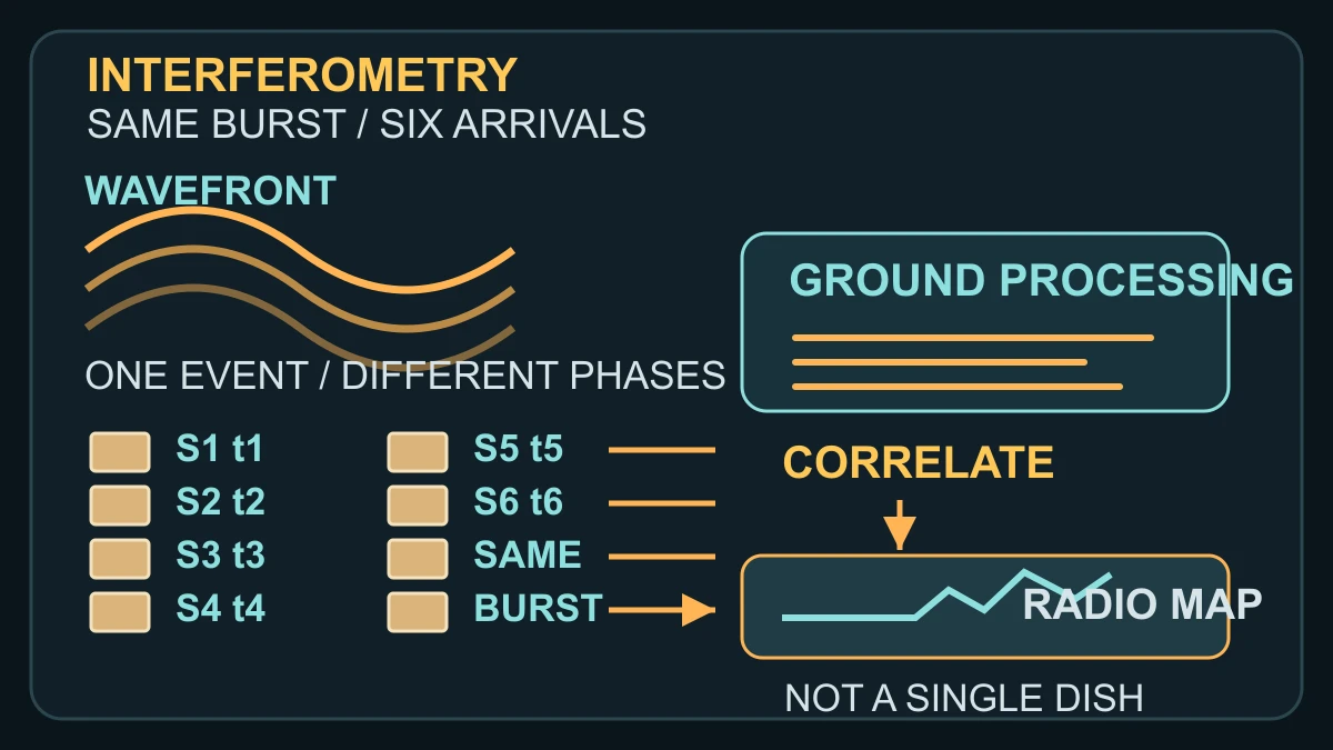 Original explanatory diagram showing one solar radio burst arriving with different phases at six receivers and becoming a radio map through ground processing