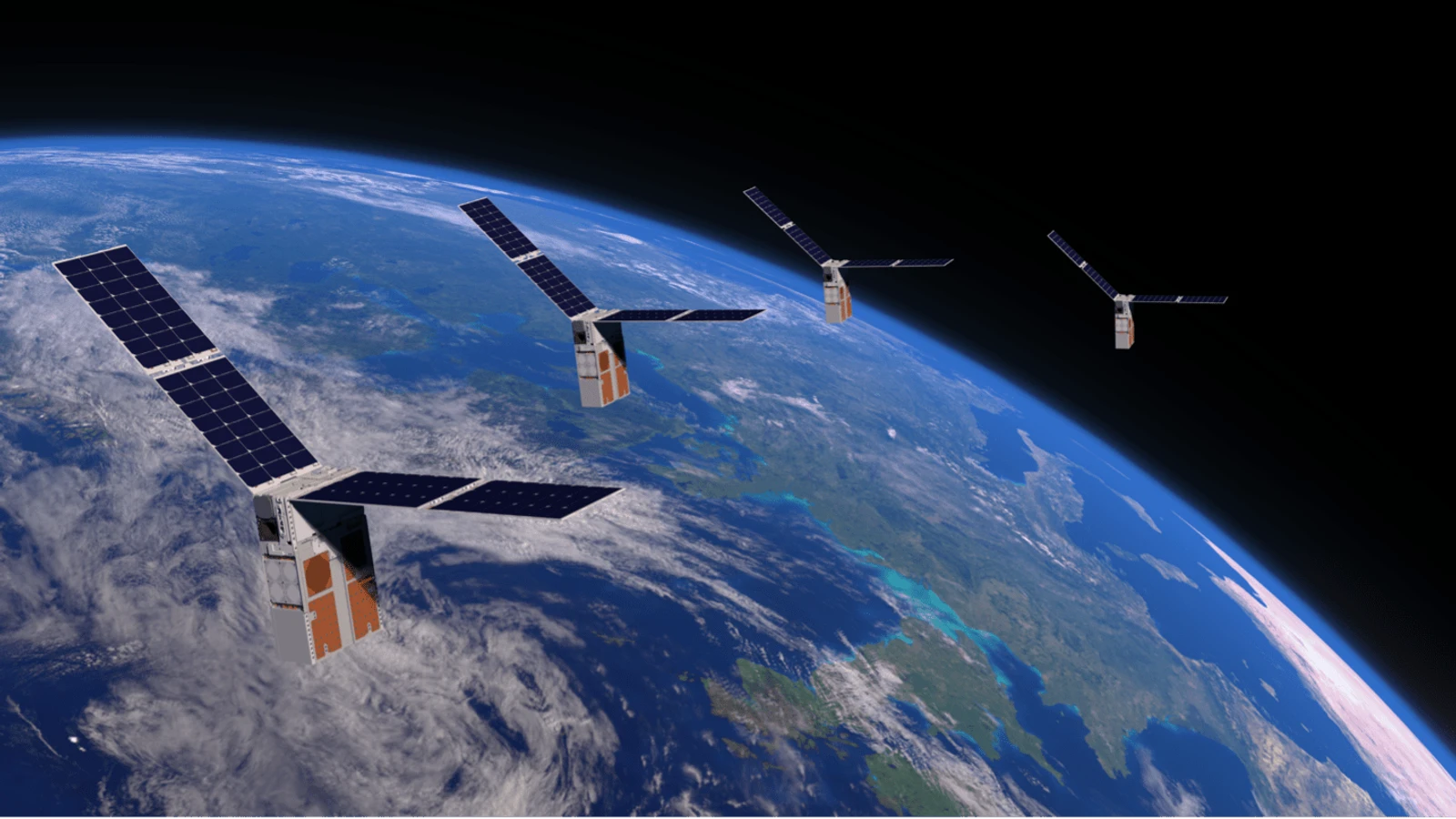 Four Starling CubeSats fly in formation above Earth's curved horizon