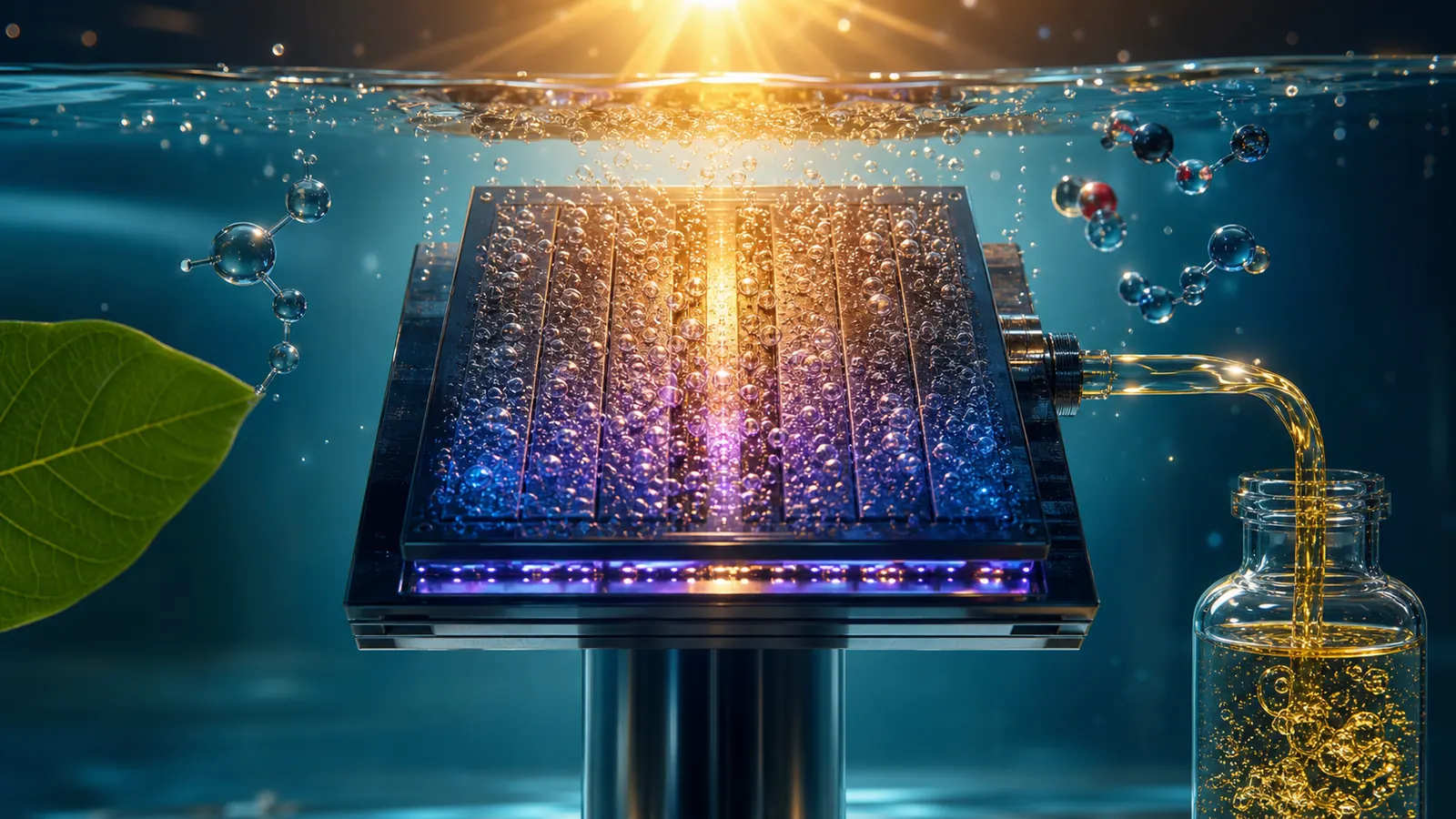 Original editorial illustration of sunlight driving a catalyst panel that turns water and carbon dioxide into storable fuel