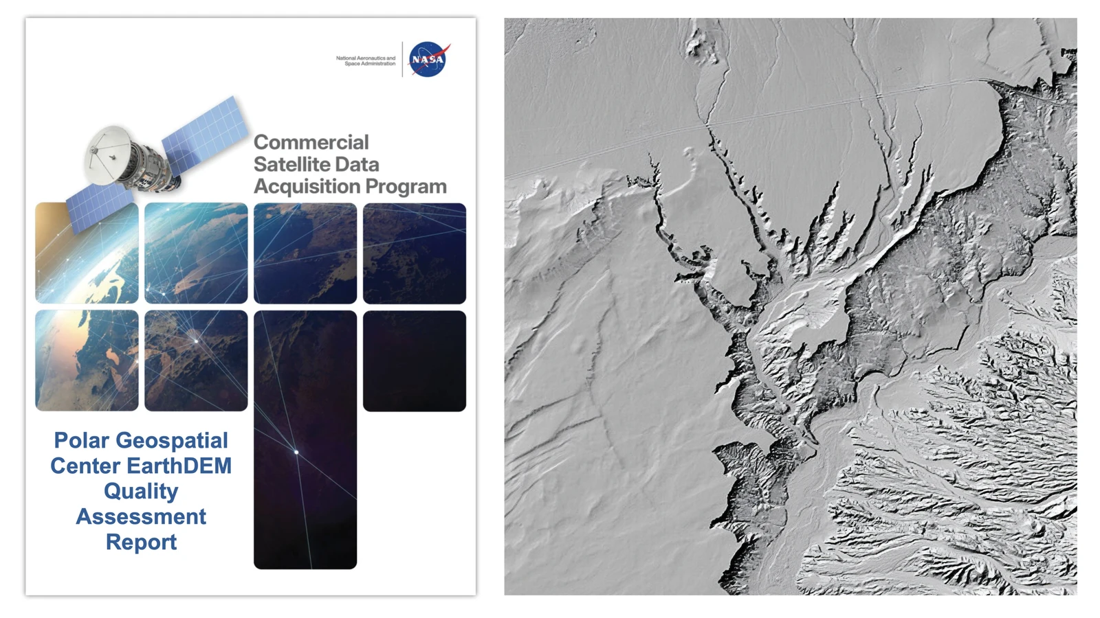 NASA EarthDEM quality-assessment report cover beside a shaded-relief EarthDEM terrain image