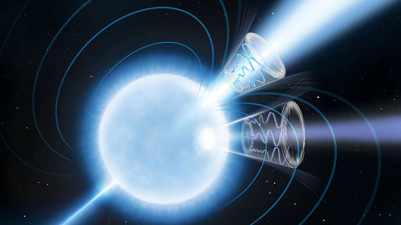 NASA illustration of a bright magnetar with looping magnetic field lines and separate radio and X-ray emission cones