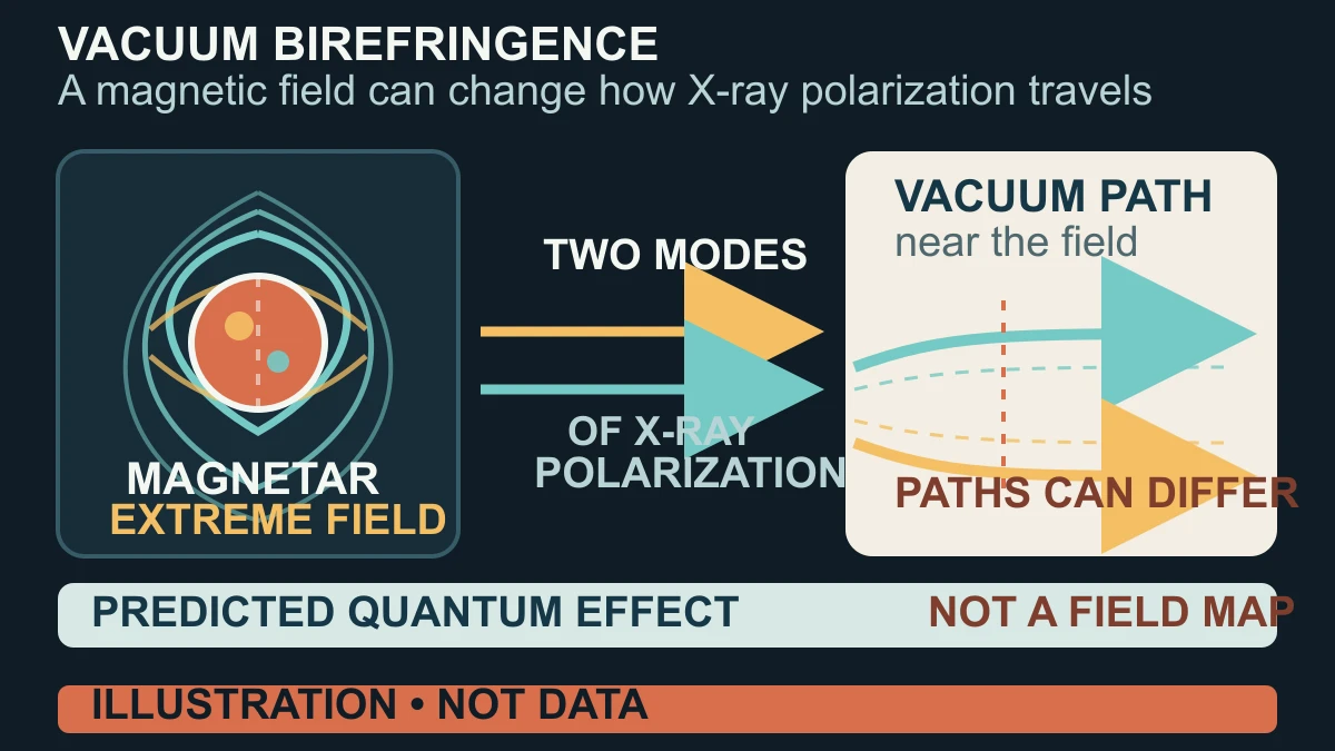 Original diagram of a magnetar's ultra-strong field changing the paths of two X-ray polarization modes through the quantum vacuum