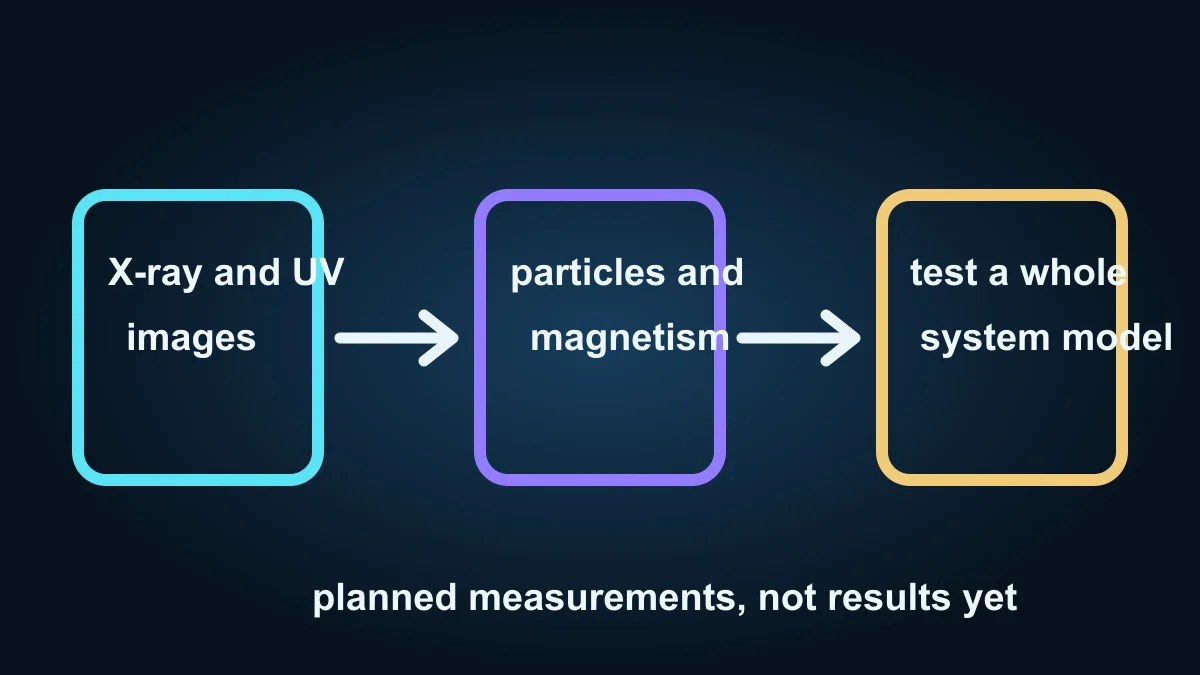 Original diagram showing X-ray and ultraviolet images combined with particle and magnetic measurements to test a system model
