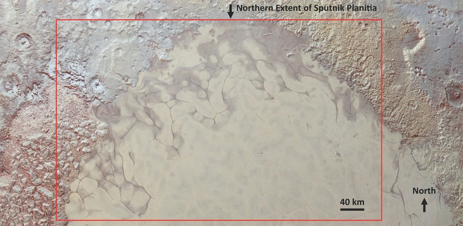 New Horizons color mosaic of northern Pluto and Sputnik Planitia with a red box marking the region discussed in the recent liquid-nitrogen study