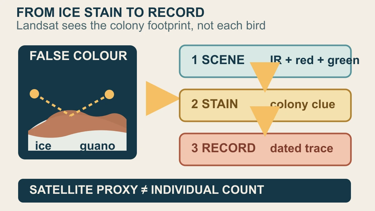 Original diagram showing how false-color Landsat bands make guano stains on fast ice visible as a colony-location trace