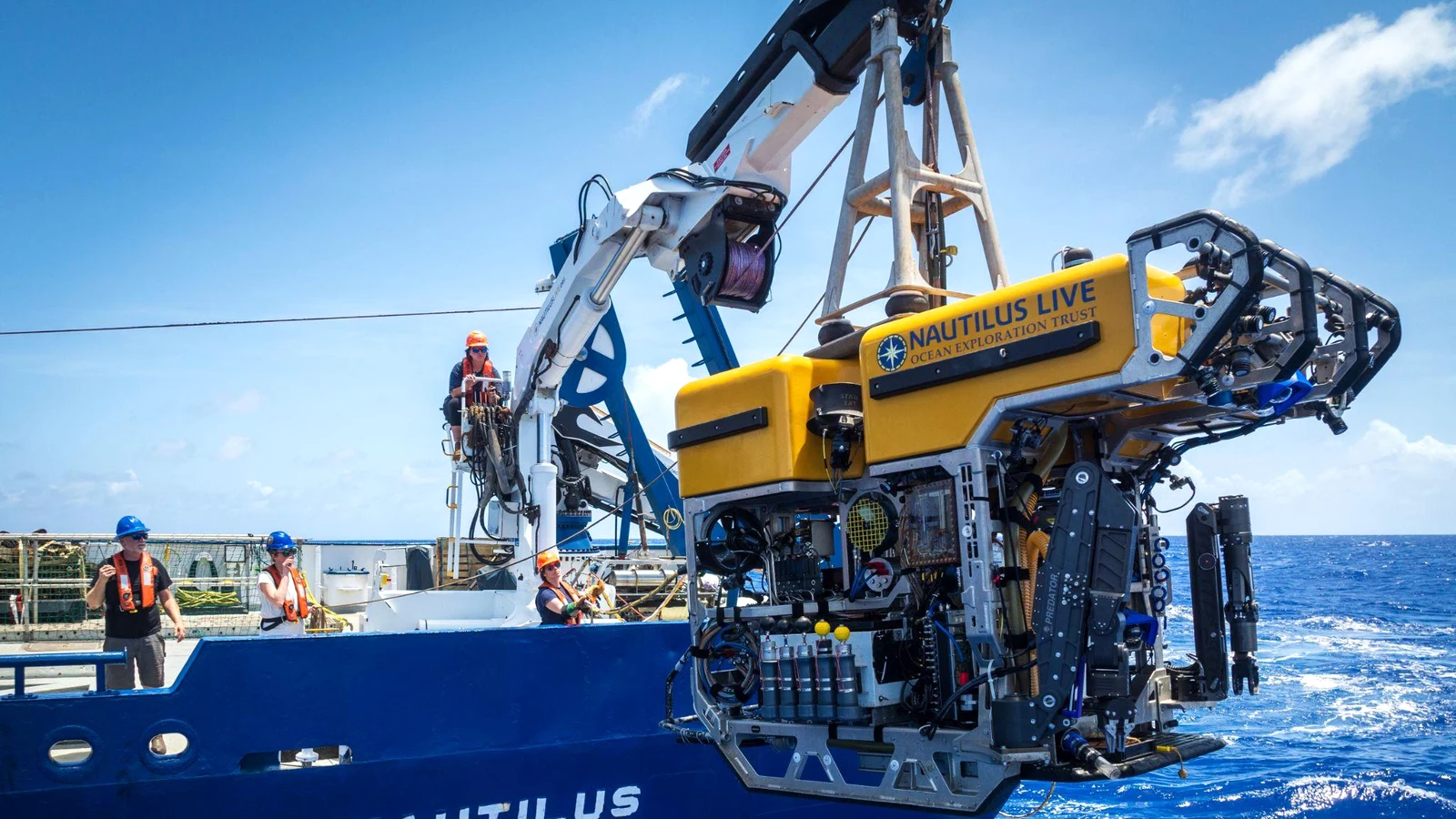 Real remotely operated vehicle Hercules being deployed from Exploration Vessel Nautilus
