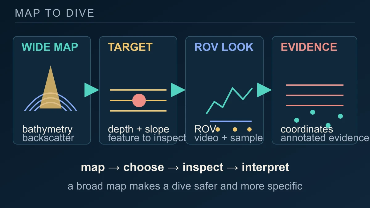 Original diagram showing a broad multibeam map leading to a selected target, a close ROV look and georeferenced evidence