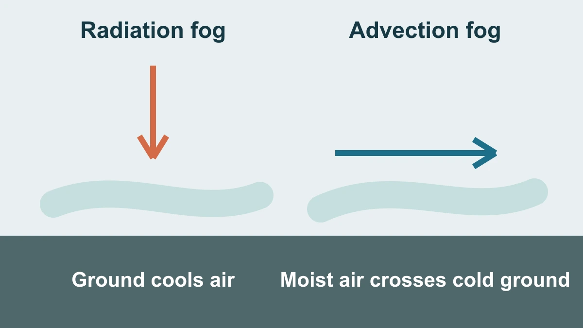 Comparison diagram showing radiation fog cooling near the ground and advection fog moving moist air across a cold surface.
