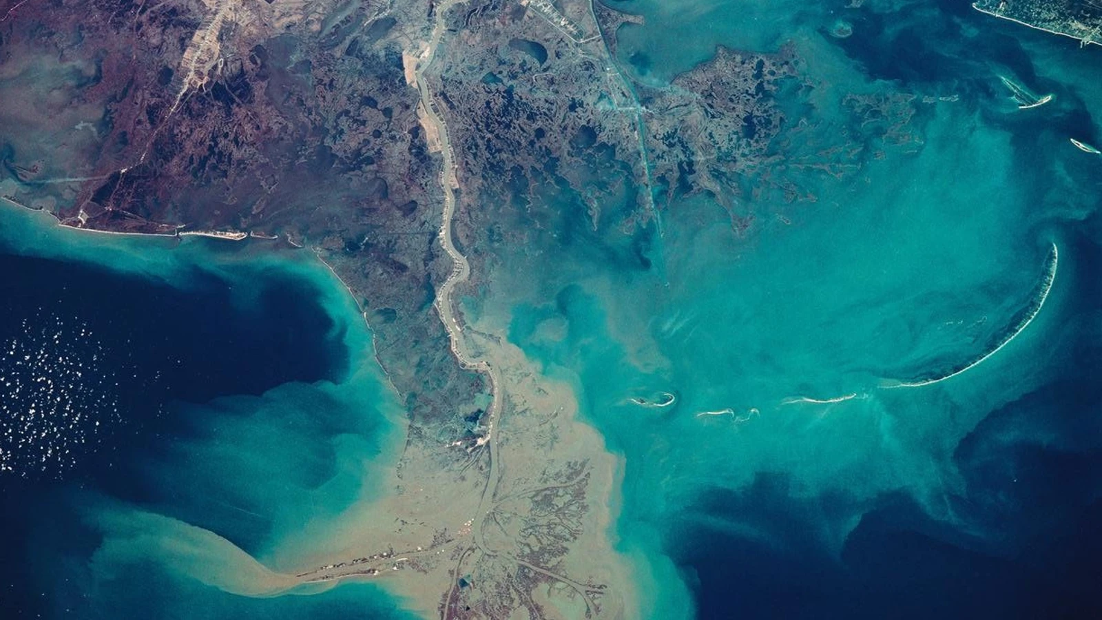 NASA satellite view of the Mississippi River Delta showing marsh channels, sediment and surrounding coastal water
