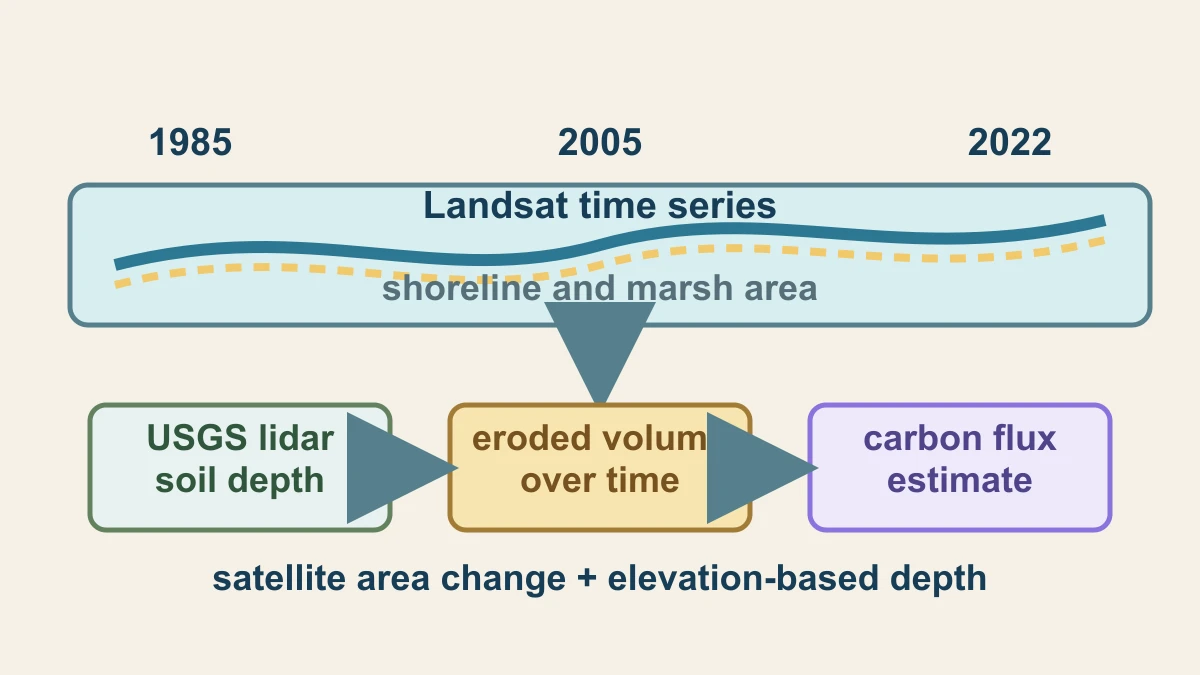 Original process diagram showing Landsat shoreline change and USGS lidar soil-depth estimates combining into a carbon-flux estimate