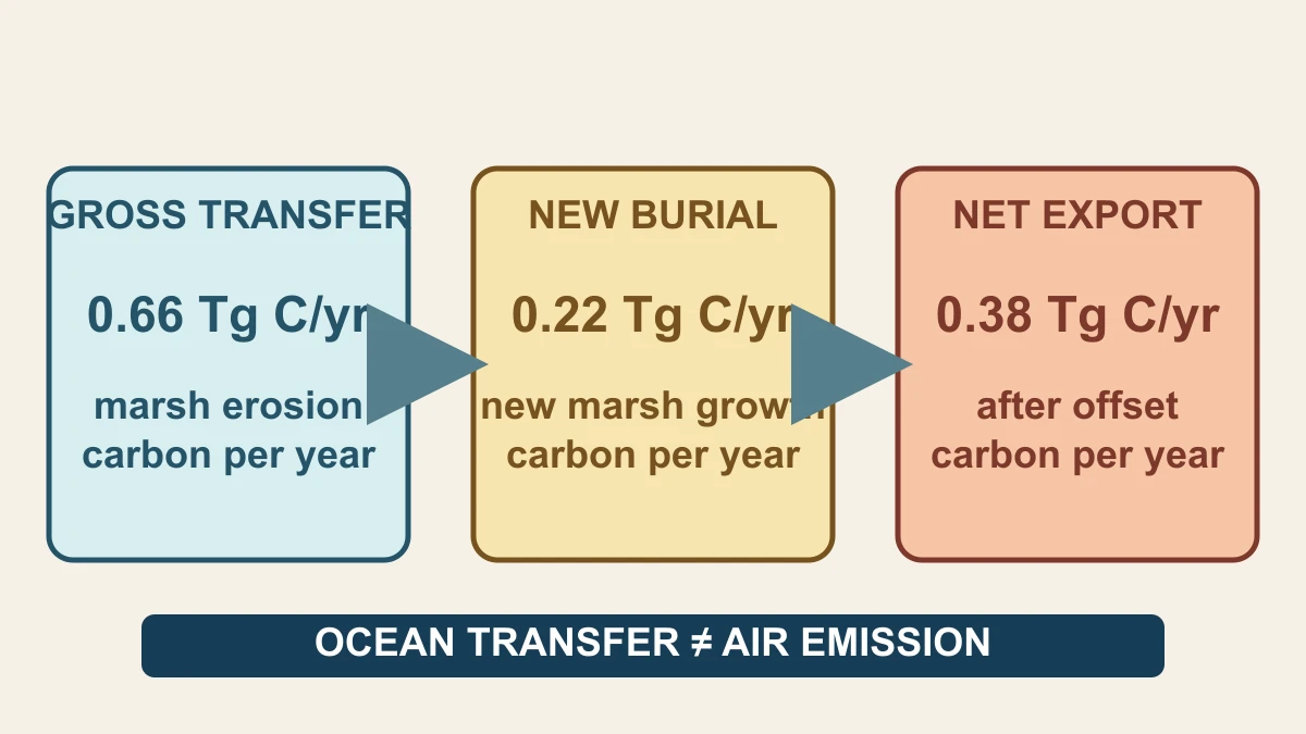 Original boundary diagram separating gross erosion transfer, new marsh burial and net carbon export from a claim of direct atmospheric emission